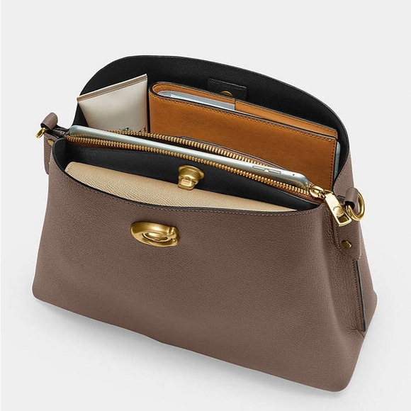 COACH•willow stone grey/black pebble leather bucket shoulder crossbody bag NWT - Picture 7 of 10